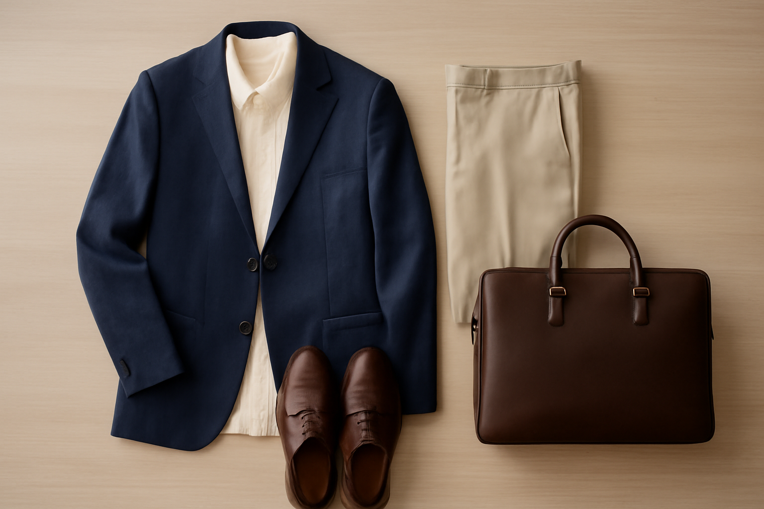 Padu padan outfit kerja dengan blazer navy, kemeja krem, dan celana beige