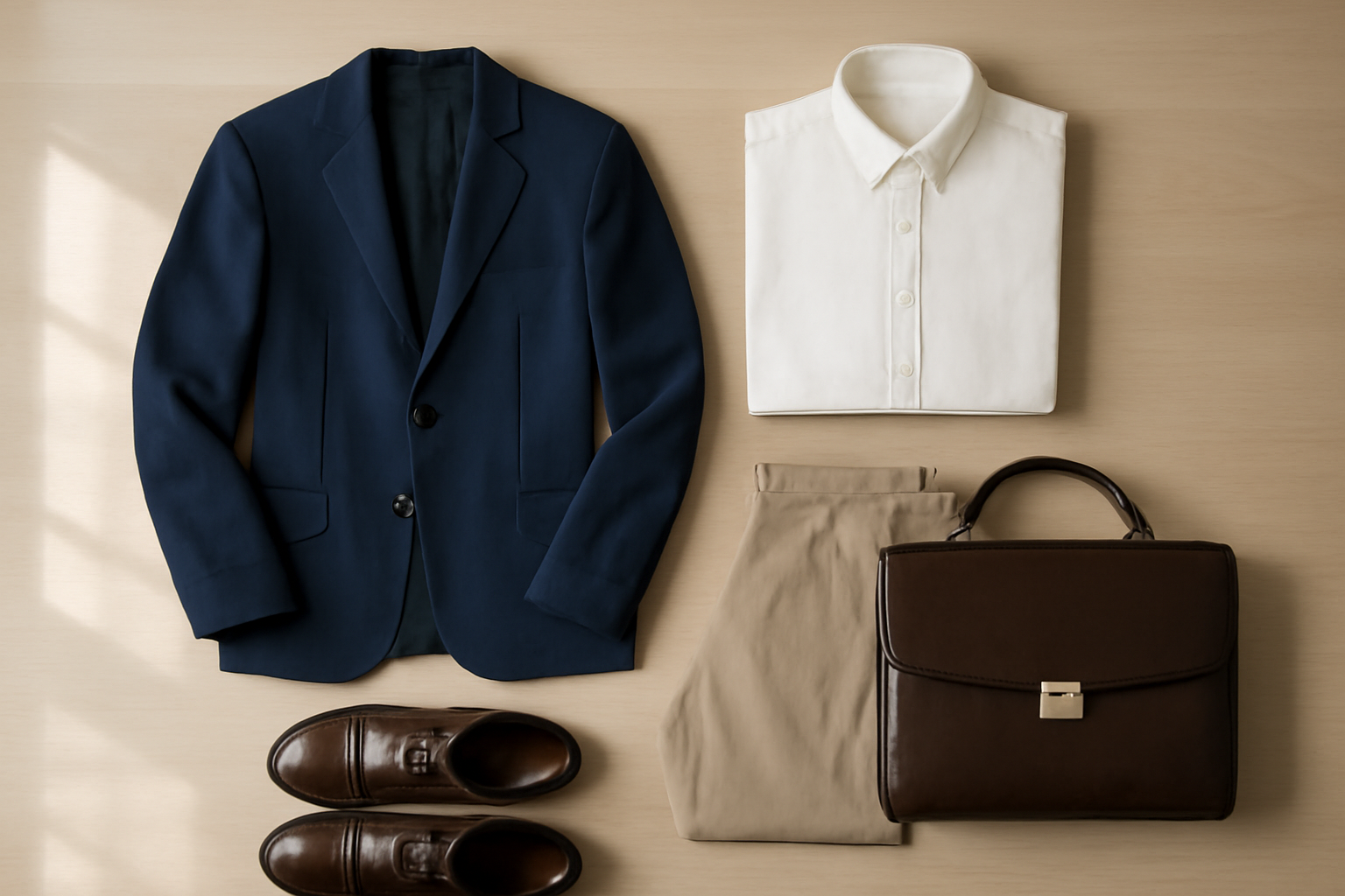 Padu padan outfit kerja dengan blazer navy, kemeja krem, dan celana beige