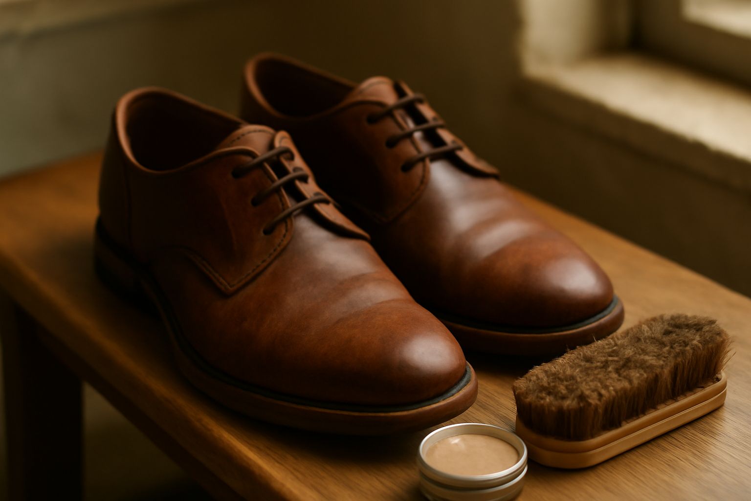 Sepatu kulit cokelat dan sikat perawatan di atas bangku kayu dengan cahaya alami