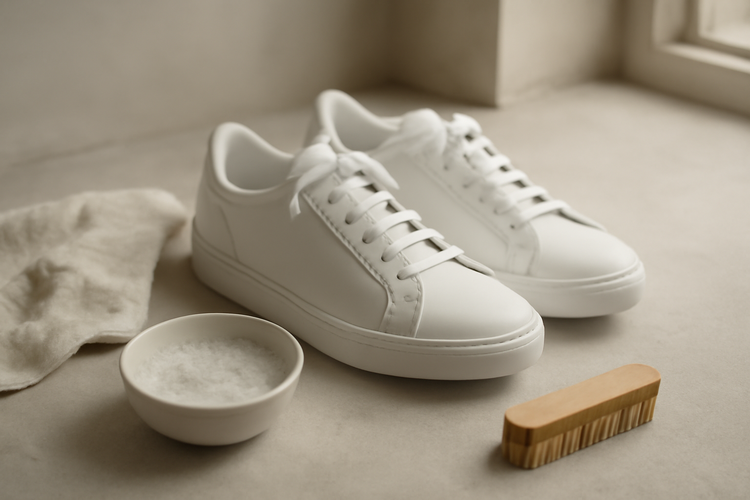 Sepatu sneakers kulit putih bersih dengan kain mikrofiber dan sikat kecil di lantai beton