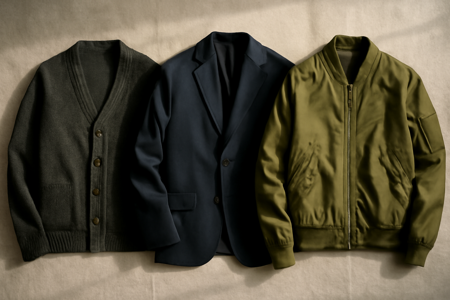 Tiga pilihan luar ruangan kerja urban: cardigan rajutan abu, blazer navy, dan jaket bomber zaitun
