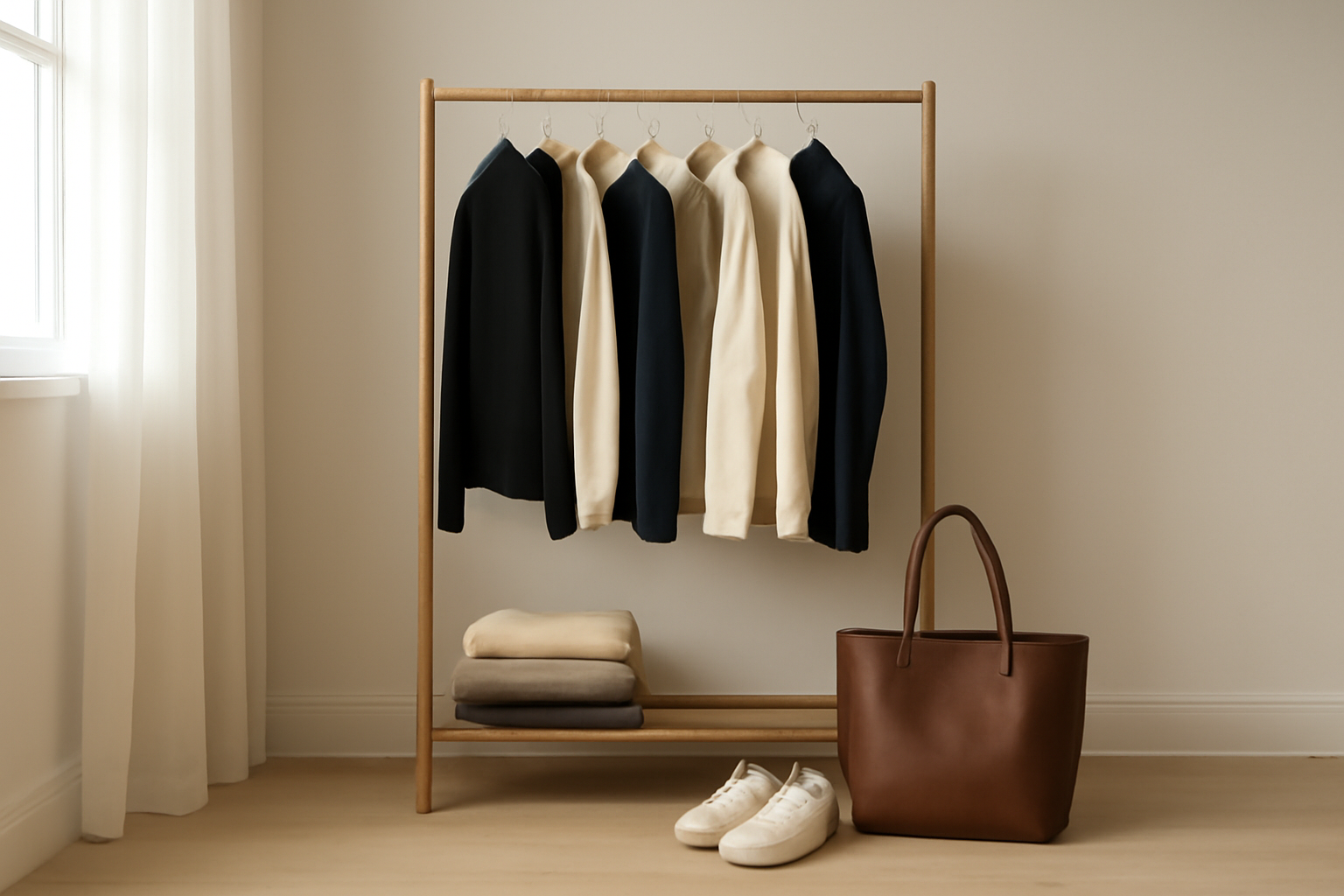 Lemari kapsul wardrobe bernuansa netral dengan cardigan, kemeja, dan sneakers putih di apartemen minimalis