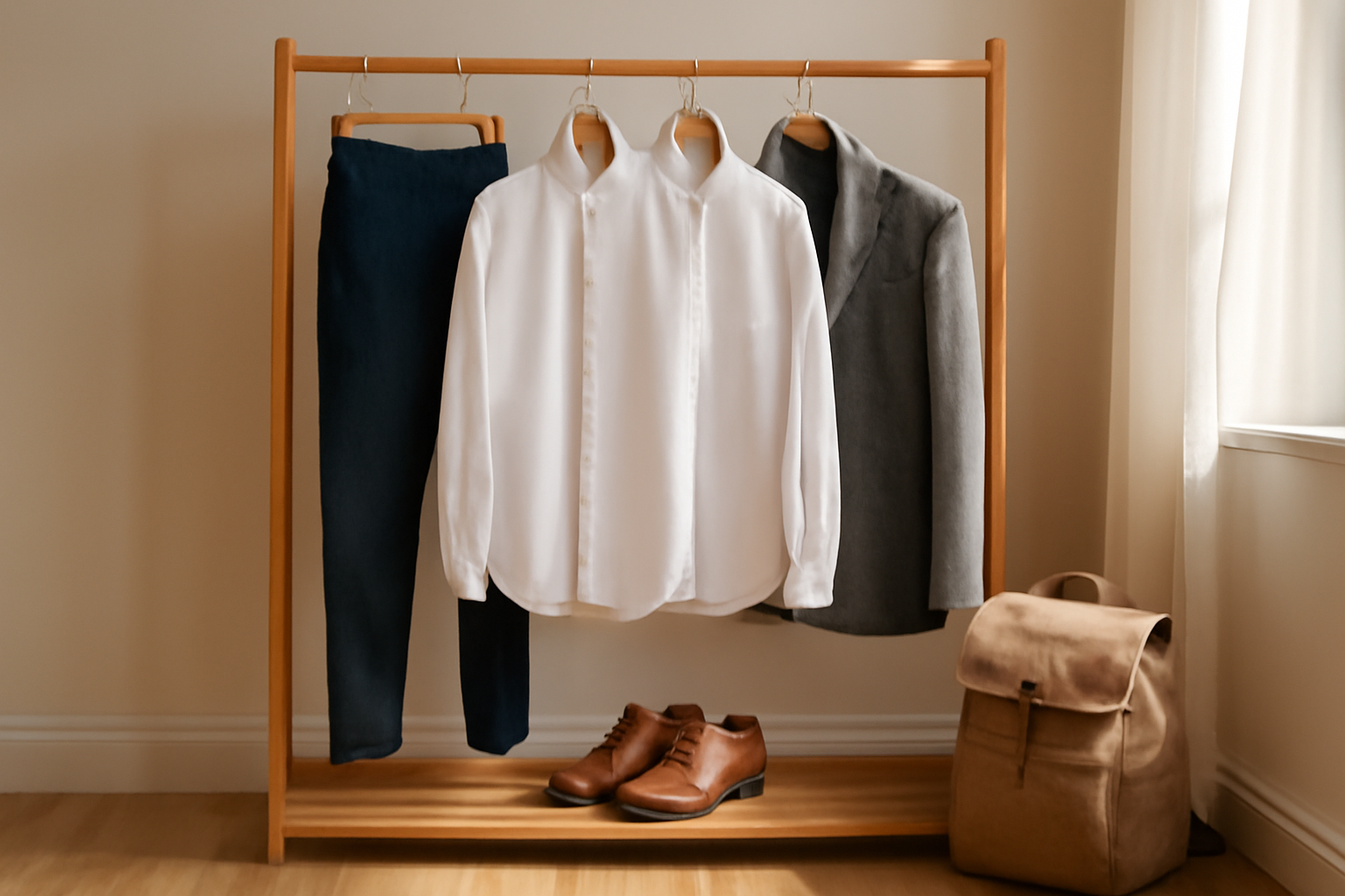 Set pakaian kerja pria urban yang tertata di rak kayu dengan kemeja putih, celana navy, blazer abu-abu, dan sepatu kulit