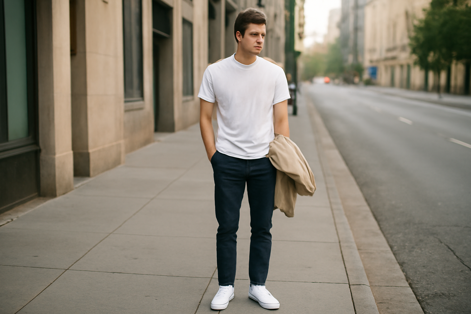 Pemuda berpakaian casual urban dengan kaus putih, celana chino navy, dan sneakers putih di trotoar kota