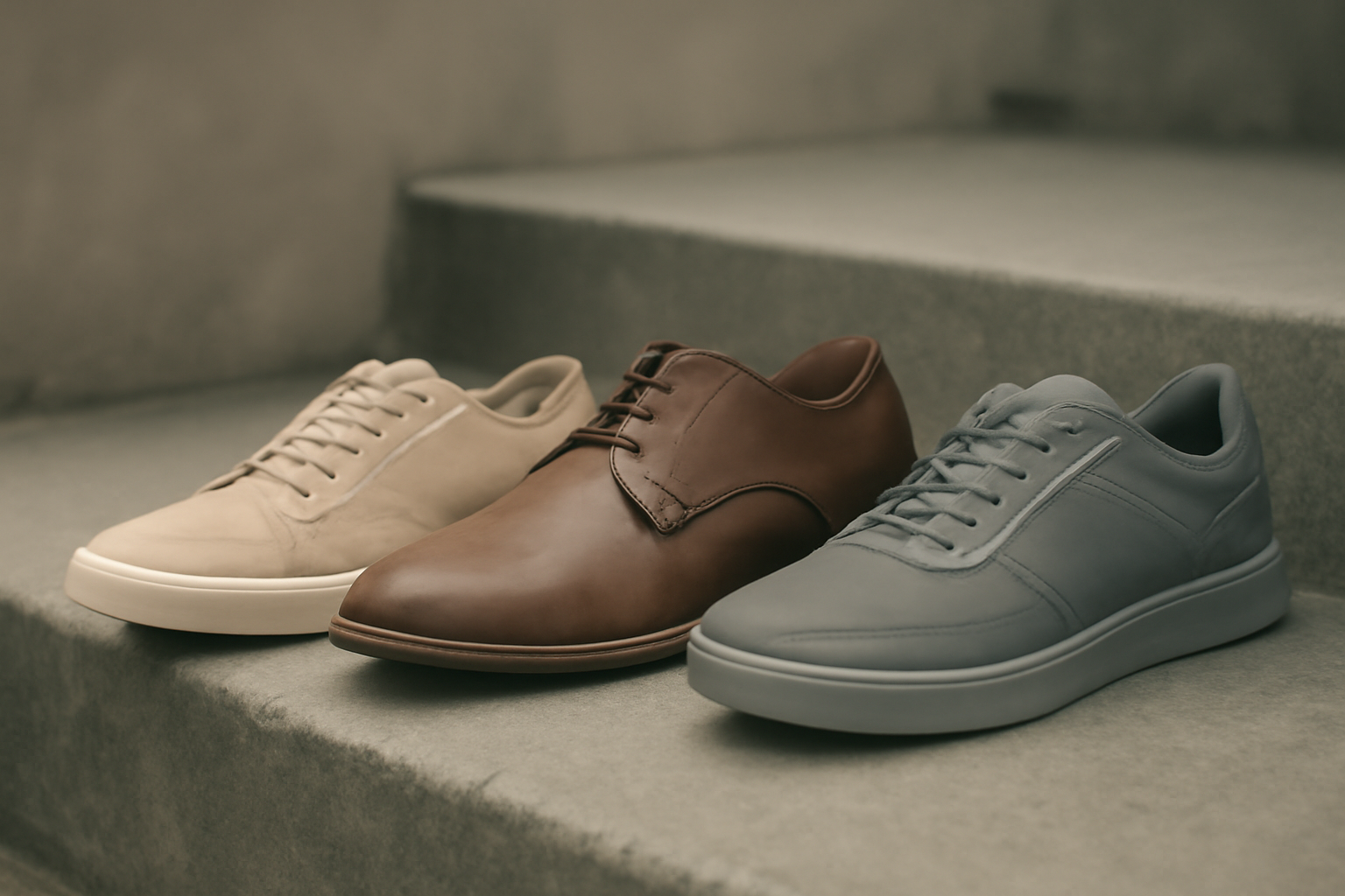 Tiga sepatu casual dari bahan kanvas, kulit, dan sintetis berjajar di tangga beton