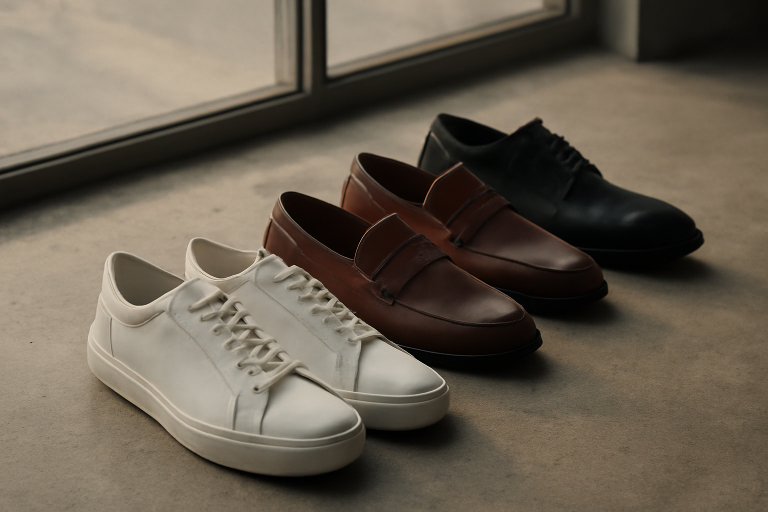 Tiga jenis sepatu kerja urban yaitu sneakers putih, loafers kulit cokelat, dan derby hitam berjajar di lantai dekat jendela kantor