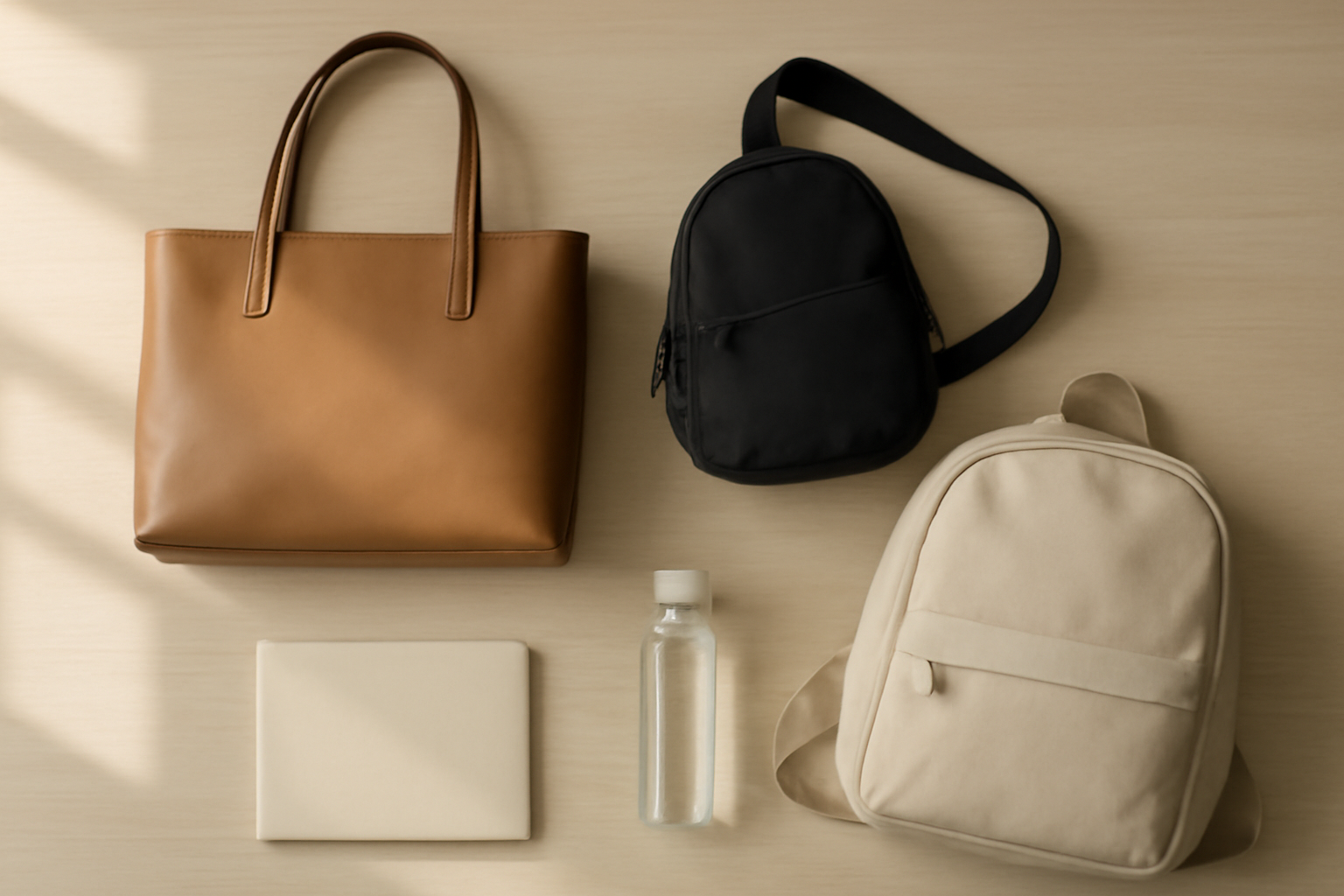 Tiga jenis tas kerja wanita yaitu tote bag kulit, sling bag, dan backpack ditata di atas meja kayu